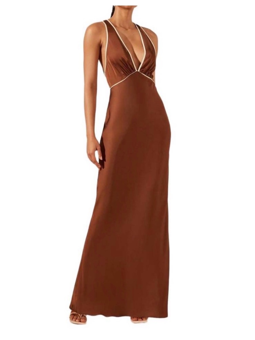 SHONA JOY belkis contrast plunged cross back maxi dress in chocolate/ivory